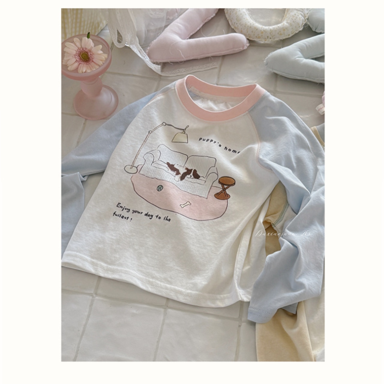 春韓国風犬柄Tシャツ