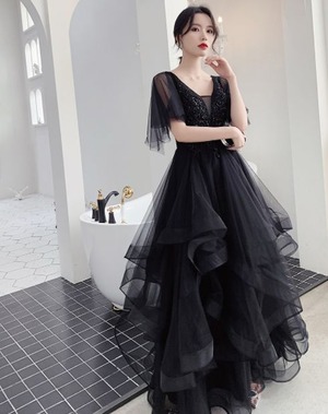 ブラック　ディープVカラー　チュールスカート　スパンコール　イブニングドレス ipd0306 