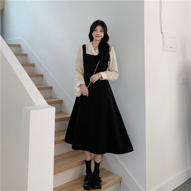 ワンピース レトロワンピース 膝下丈ワンピース 膝下丈 袖あり 長袖 萌袖 Vネック 襟あり プリンセスライン かわいい 可愛い シンプル フォーマル おしゃれ お洒落 アジアン キュート 個性的 主役級 存在感 無地 春 秋 冬 誕生日 パーティー ガーデン 10代 20代 レディース 女性用 学生 通学 デート お出かけ 女子会 休日 イベント リゾート 旅行 着回し 重ね着 お揃い 双子 韓国 L XL ２XL ３XL ４XL 大きいサイズ ブラック