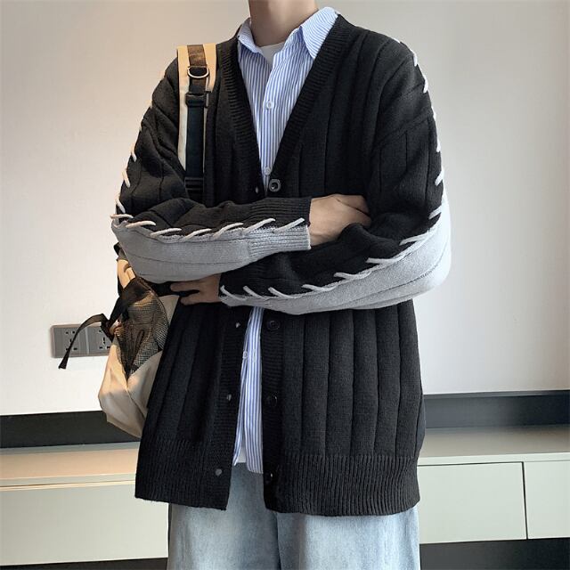 【予約販売】カーディガン ニット セーター アウター ステッチ バイカラー カジュアル ブラック グリーン オーバーサイズ メンズ こなれ感 ストリート お洒落 韓国 トレンド 秋冬 M/L/XL/2XL