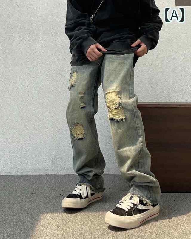 ジーンズ ズボン デニム パンツ メンズ ダメージ加工 穴あき かっこいい 男性用 水色 淡色 青 ブルー 大きいサイズ ルーズ ストレート アメリカン ウォッシュ加工 脚長 ポケット ストリート おしゃれ かっこいい ロック パンク 韓国系 ジーパン
