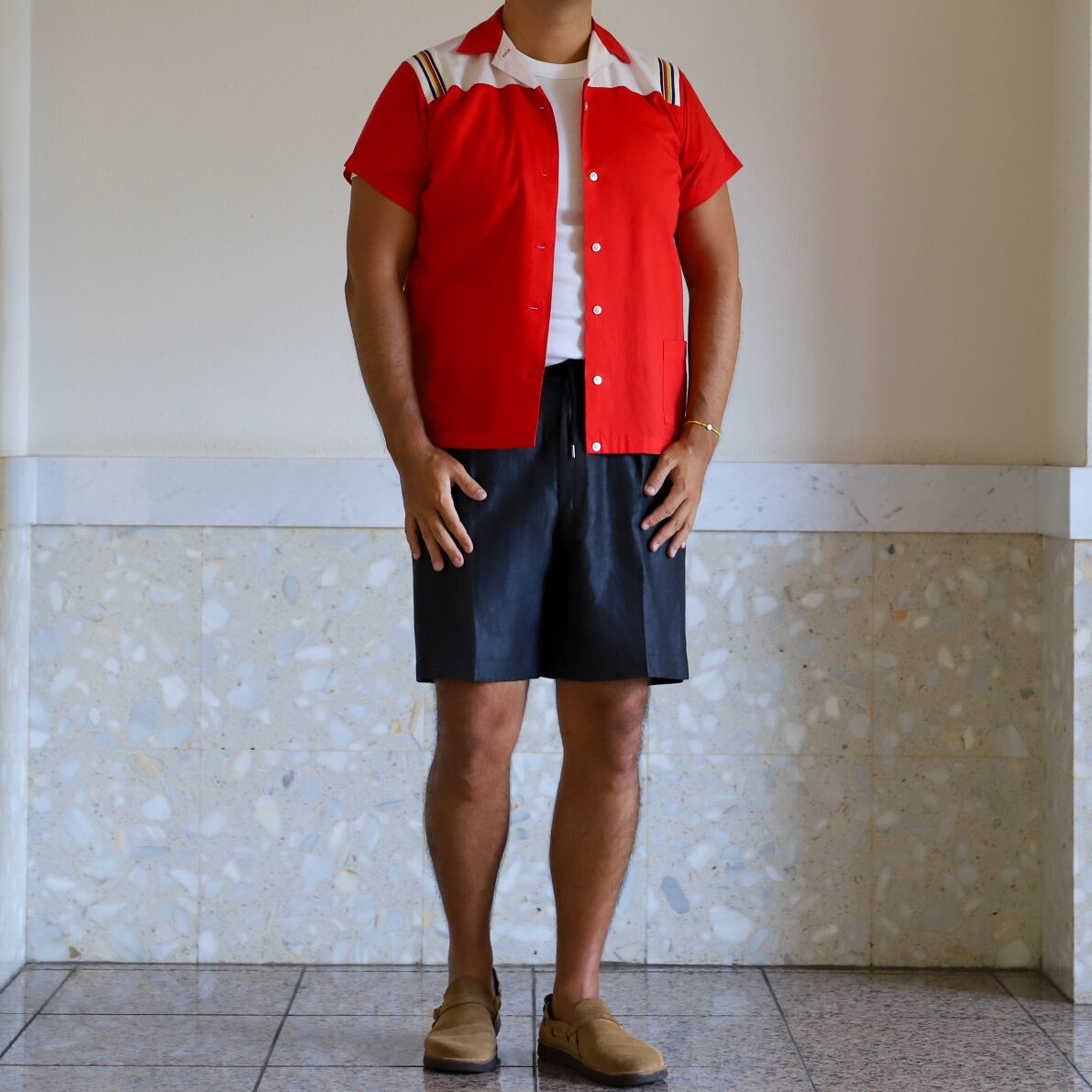 極美品】70s special Vintage bowling shirt open collar shirt RED S