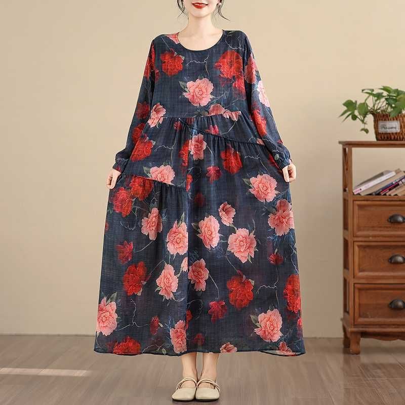 FLOWER PRINT BOAT NECK A-LINE LONG PULLOVER DRESS 1color M-15820