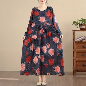 FLOWER PRINT BOAT NECK A-LINE LONG PULLOVER DRESS 1color M-15820