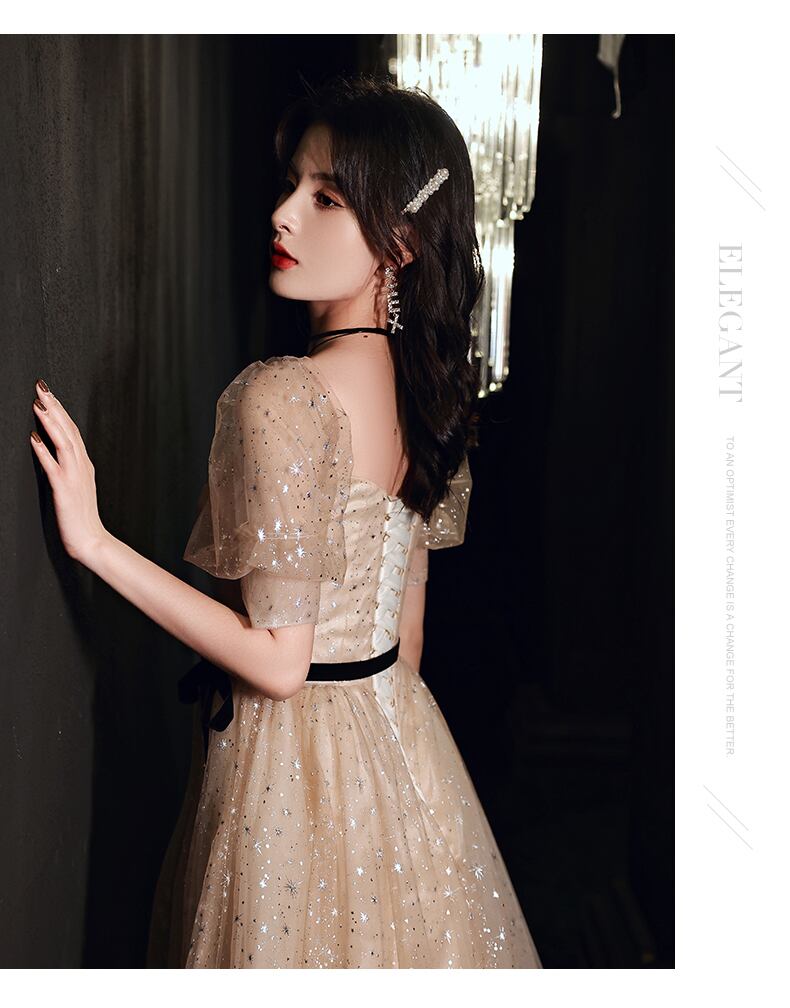 見事な オーガンジー フォーマル ドレス 新作 スパンコール L 二次会 結婚式 パフ袖 ドレス Alrc Asia