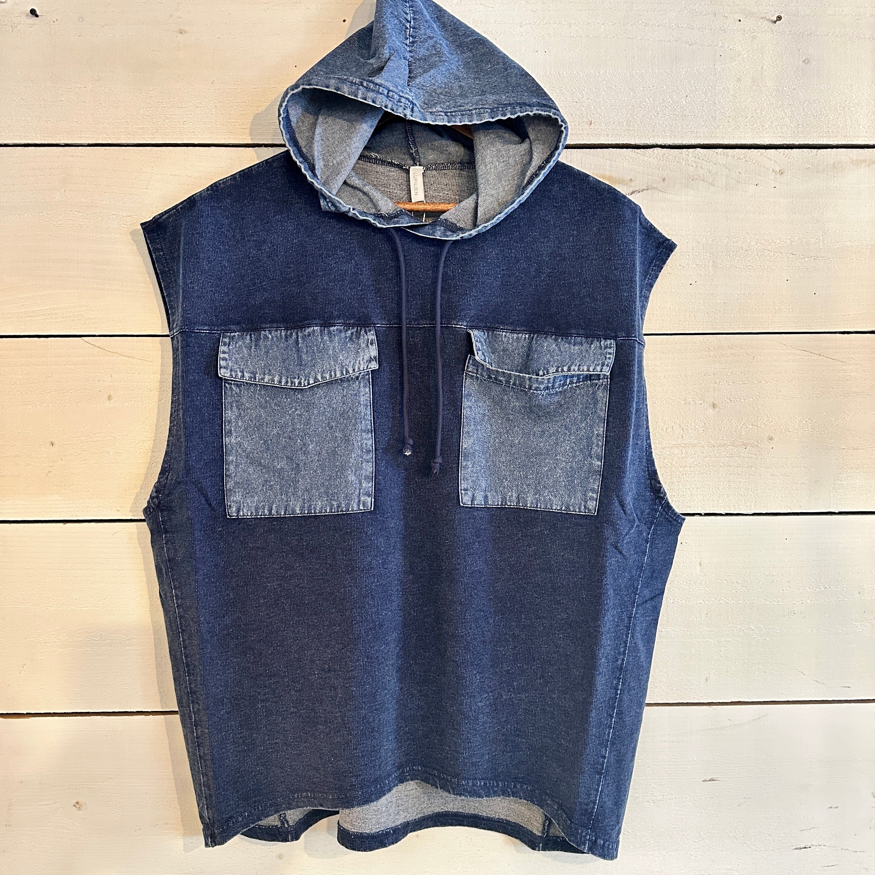 インディゴ裏毛デニム ケミカルデニム 切替 ポケット付き フードベスト　2347　フリーサイズ