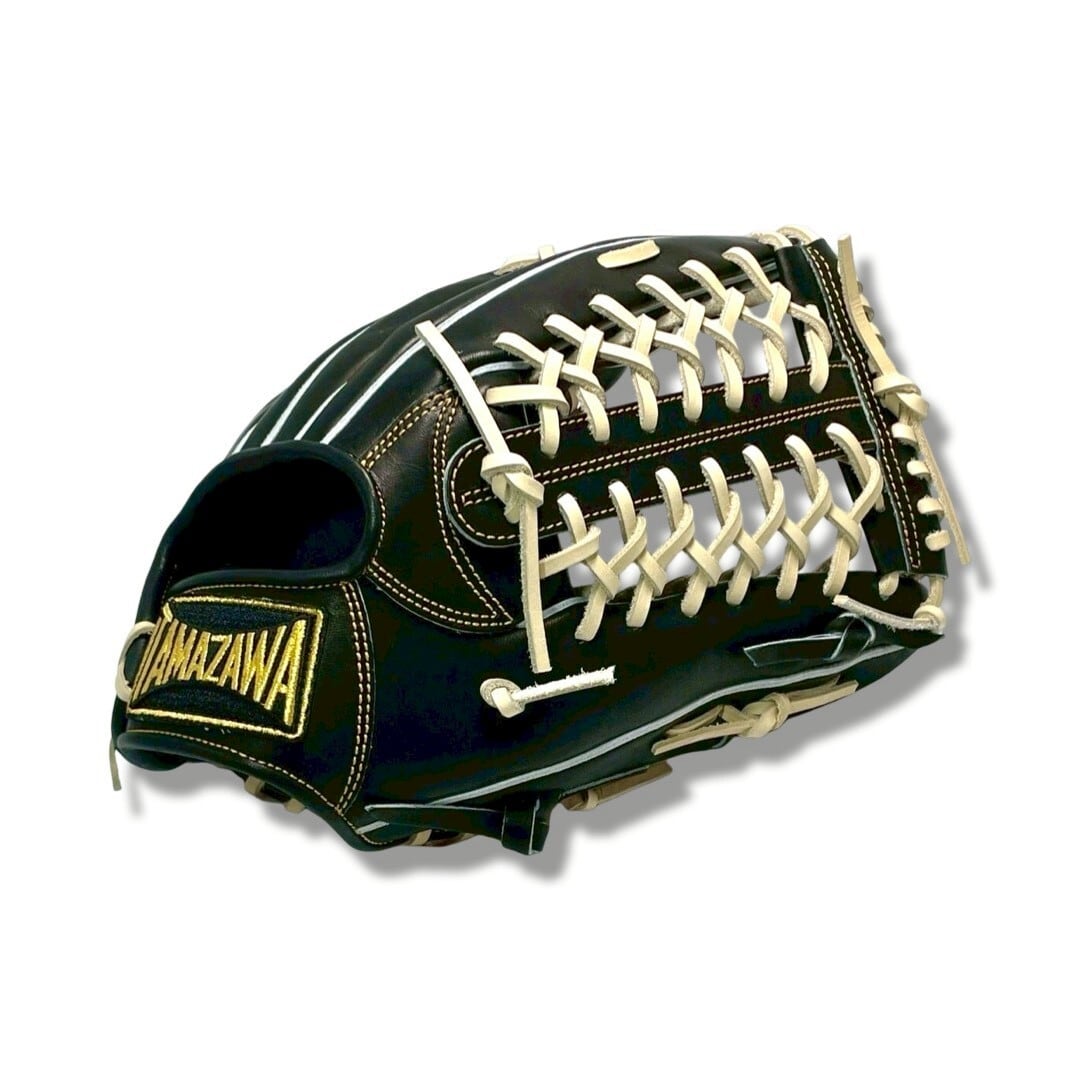 【硬式】玉澤 外野手用グローブ TUG-57DX型 トルネードウェブ(本体:ブラック 紐:キャメル)|タマザワ