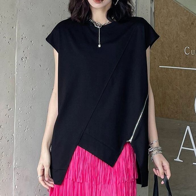 BLACK FRENCH SLEEVES ZIP IRREGULAR HEM DESIGN TOP 1color M-9273