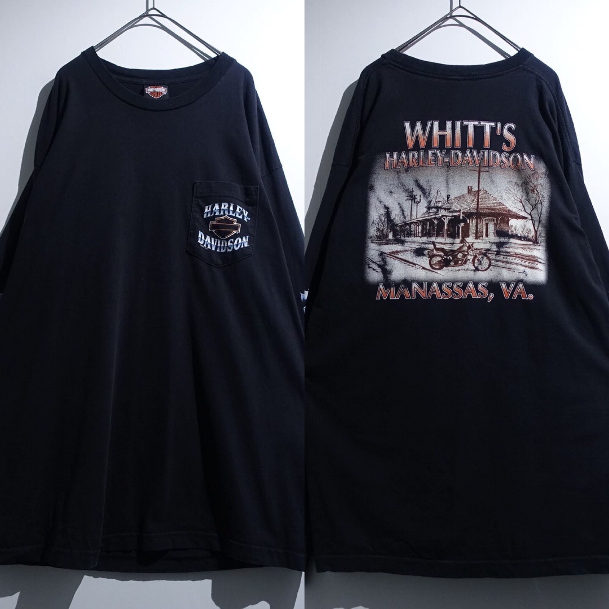 00s "Harley Davidson" Black Full Print Design Long T-shirt