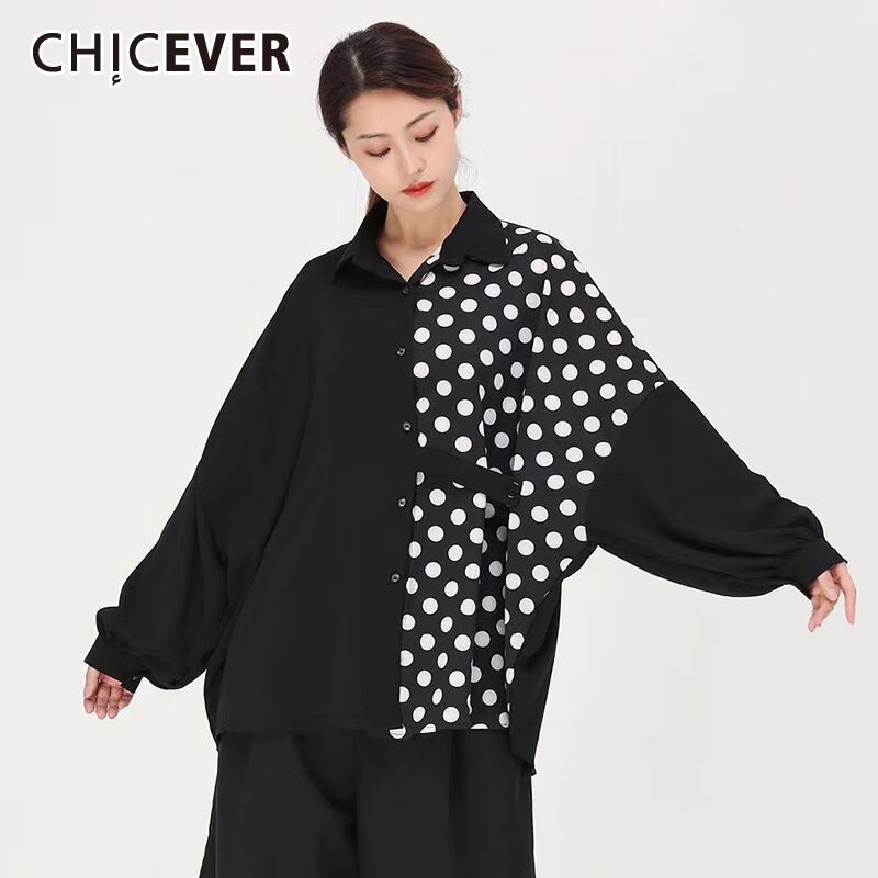 CHICEVERパッチワークヒットカラープリントブラウスラペルカラー長袖オーバーサイズルーズレディースシャツ2020服 ロング 6base541143344562