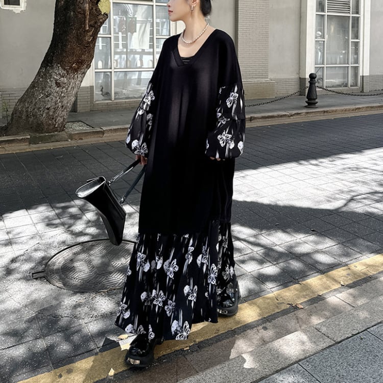 フラワースリーブ ドッキングロングワンピースR30309