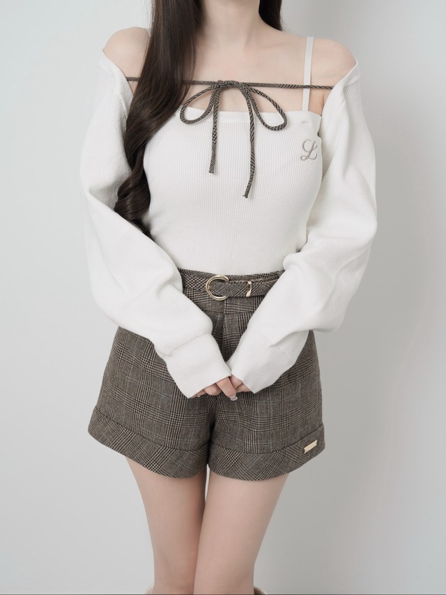 Lumignon original ♥ Brown check ribbon layered knit 【ホワイト】
