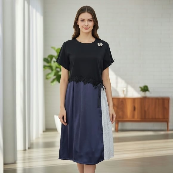 【10%OFFクーポンご利用可】スーパービューティー 半袖ワンピース 異素材切替 アシンメトリー カットソー素材 2616022 大人上品 きれいめ ミセス ブラック 2026年春夏 オーラボー Super Beauty レディース