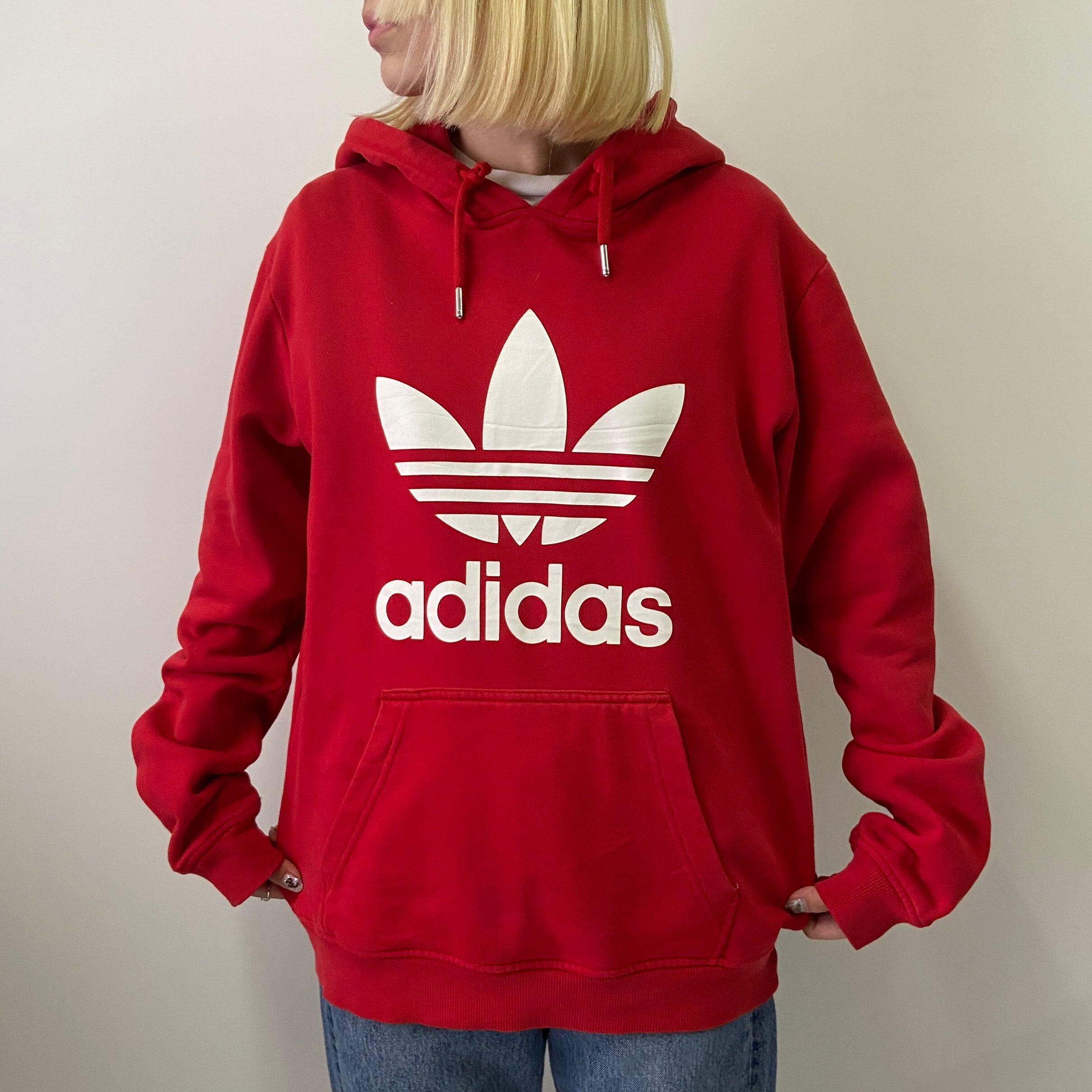 Adidas アディダス トレフォイル ブランドロゴ プリント スウェットパーカー メンズl相当 古着 プルオーバーパーカー レッド 赤 パーカー Ha10 Cave 古着屋 公式 古着通販サイト