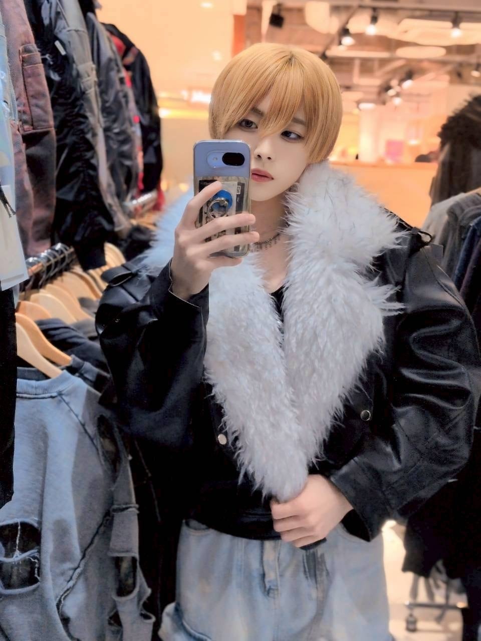 クロップドレザーファージャケット ストリート Y2K | 韓国系ユニ