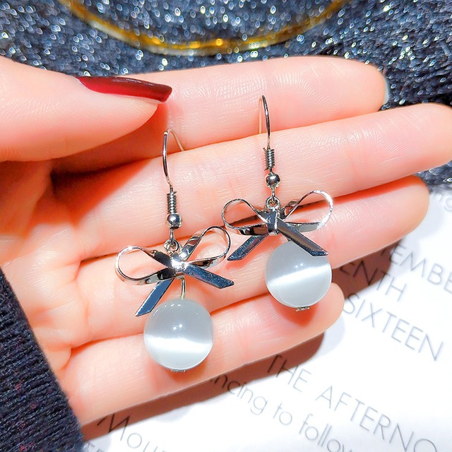 ピアス　フック　リボン　シルバー　パール　ストーン