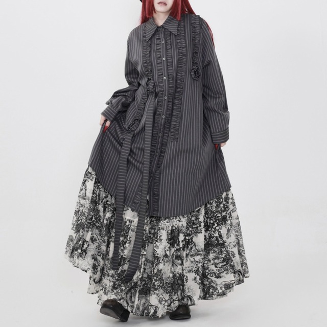 Striped ruffle shirt one-piece C1591