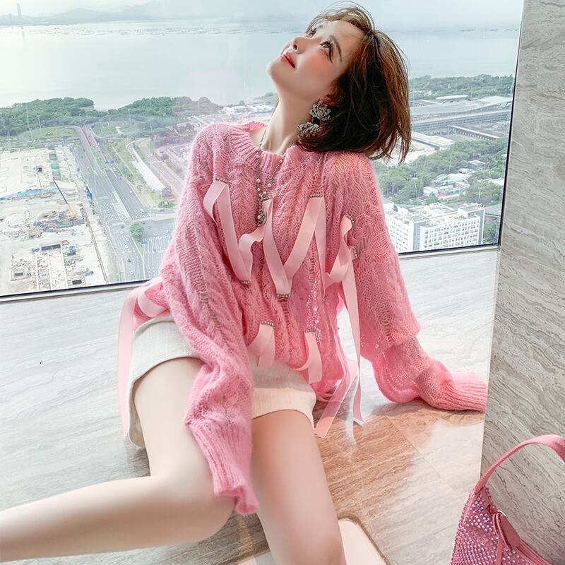 ラウンドネックニットトップス ハイウェストウェストショーツ オータム 秋物 ブルマー Oネック ステッチ MIUCO48542598119