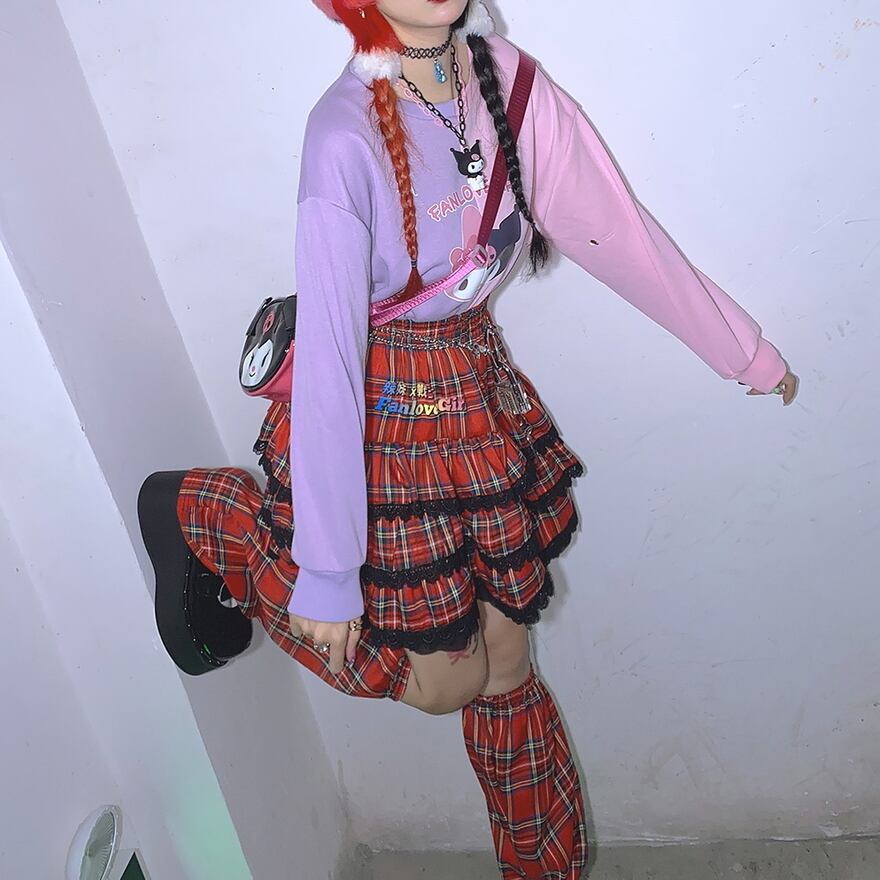 FANLOVE ミニスカート レッグウォーマー 2点セット チェック柄 ケーキ