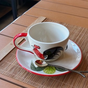 Thailand Hand painted ceramic small dish Rooster　タイ　セラミック手彩色カップ＆ソーサー　ニワトリ　140ml　紅茶　珈琲　コーヒー　アジア雑貨