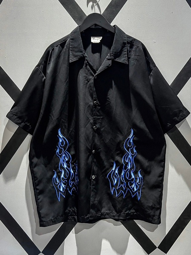 【X VINTAGE】Fire Embroidery Design Open Collar Loose S/S Shirt