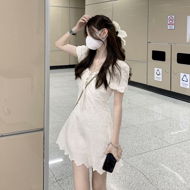 スリーブホワイトドレス サマーウェストスカート 大人ガーリー スウィート キュート カジュアル 夏物 スーパーモール7316085933