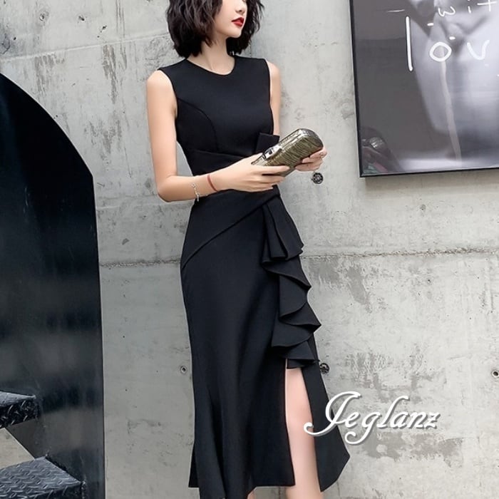 パーティ リトル ブラック ドレス 袖なし スリット入り リボン フリル(M7902)★ ζ