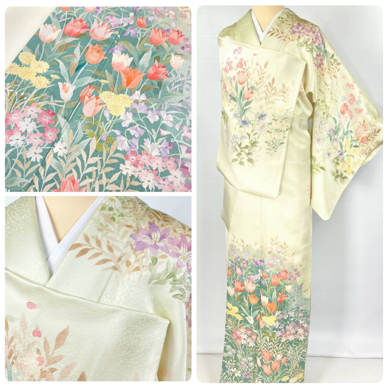 作家物 手描き友禅 チューリップ 訪問着 花柄 正絹 黄緑 パステル 975 | kimono Re:和 [online store] キモノリワ  着物 帯