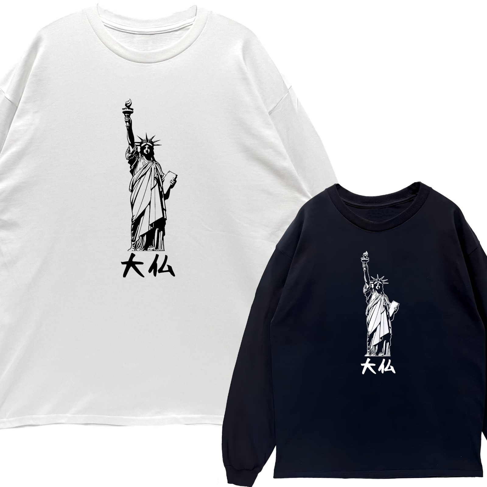 リブあり]シャケ シャチ ロンT 長袖 ロングスリーブ Tシャツ 白 黒