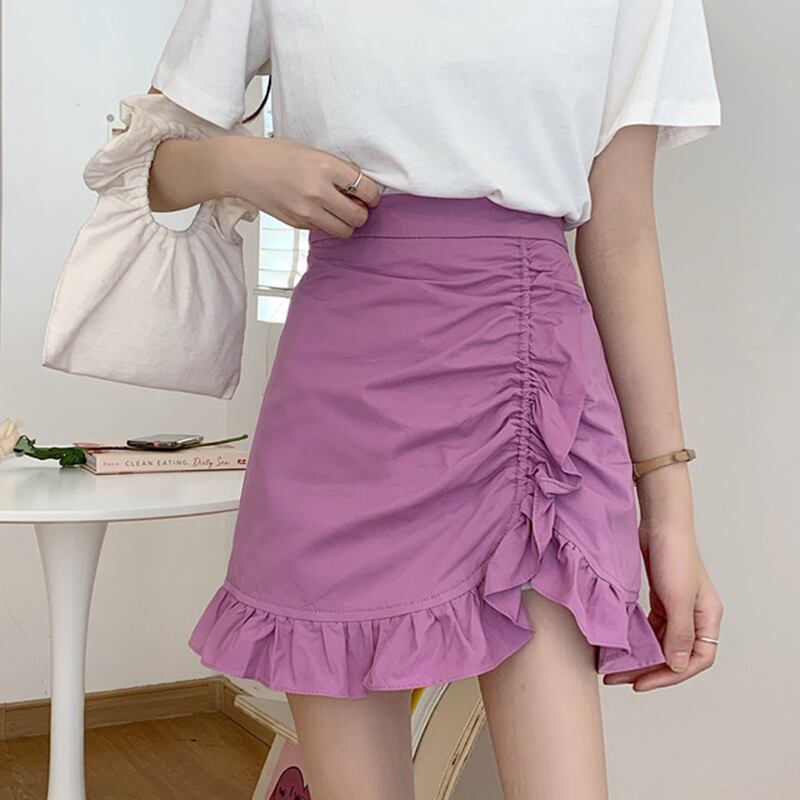パープルスカート2020年夏新作イレギュラースカート女性フリルハイウエストAラインスカートショートスカート 1号婦人76104571009