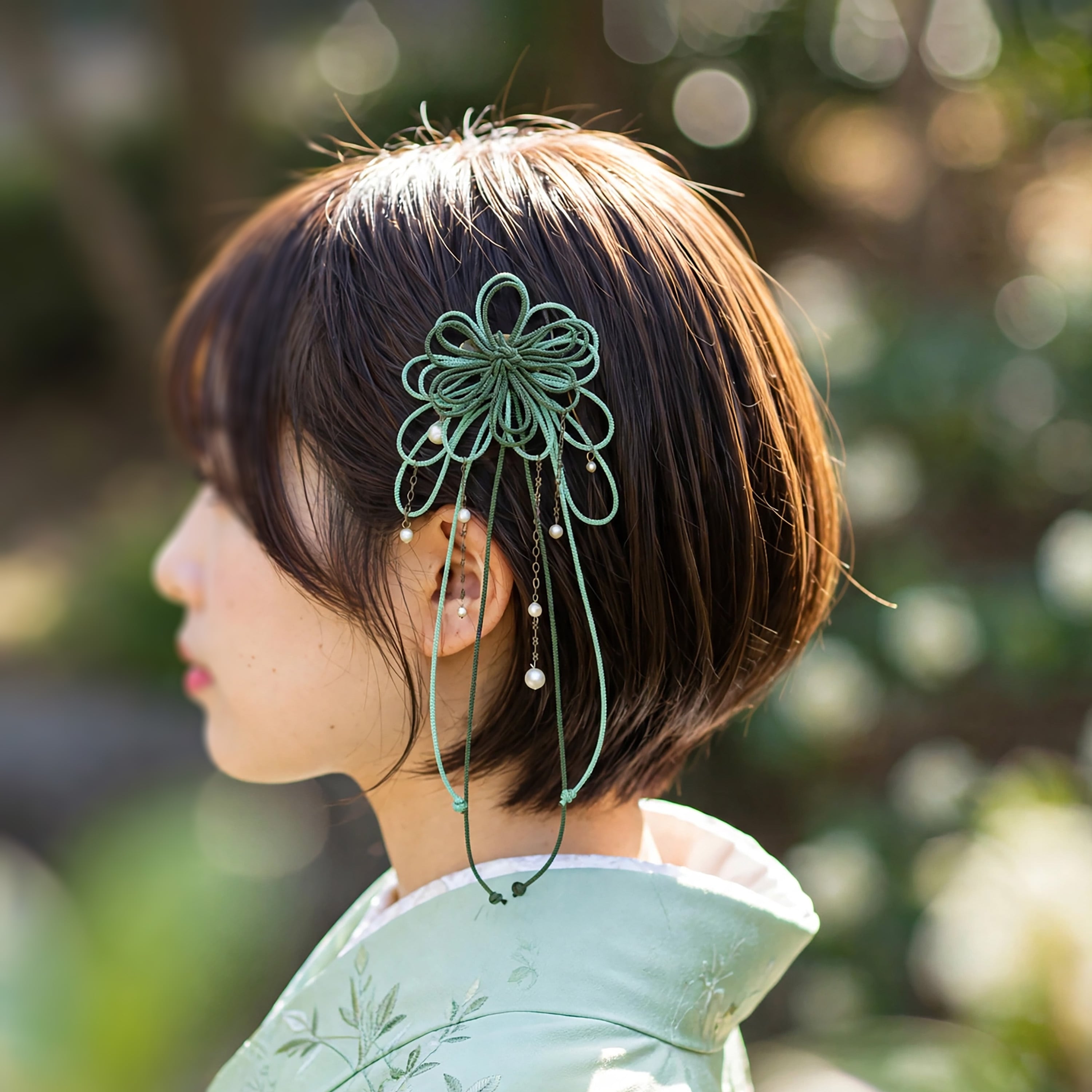 飾り結びヘアコーム(小)「苓、其レハ」(深緑×淡緑)【軽量で簡単和装ヘア】浴衣・着物・七五三や成人式に。