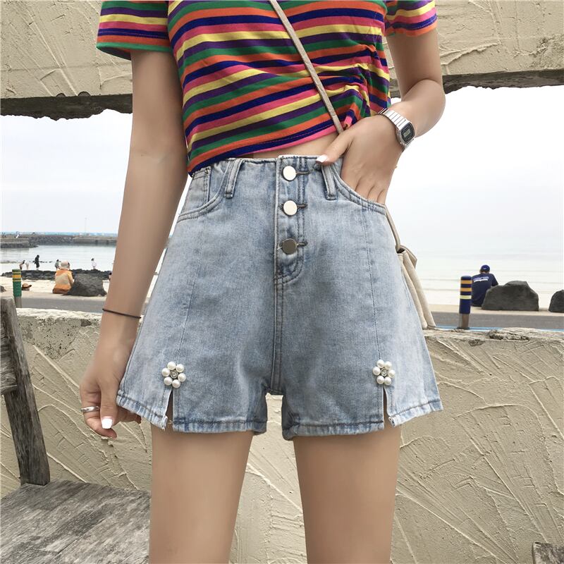 2020年春夏新作ハイウエストデニムショーツ女子学生年齢を下げるスプリットパールストレートワイドレッグパンツ 1号婦人99576363009