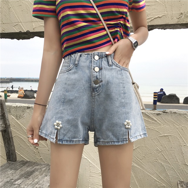 2020年春夏新作ハイウエストデニムショーツ女子学生年齢を下げるスプリットパールストレートワイドレッグパンツ 1号婦人99576363009