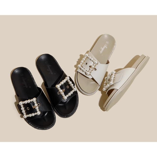 Square pearl flat sandals A645
