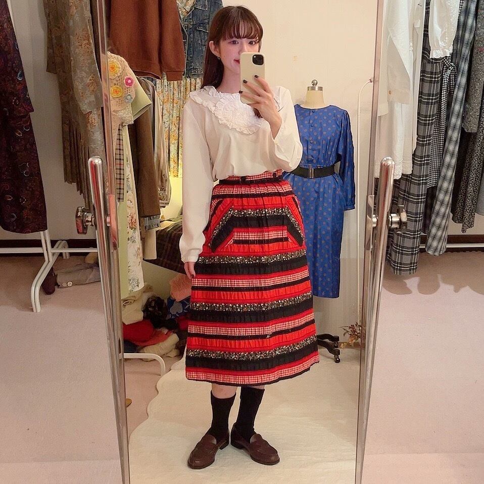 red gingham check black flower skirt