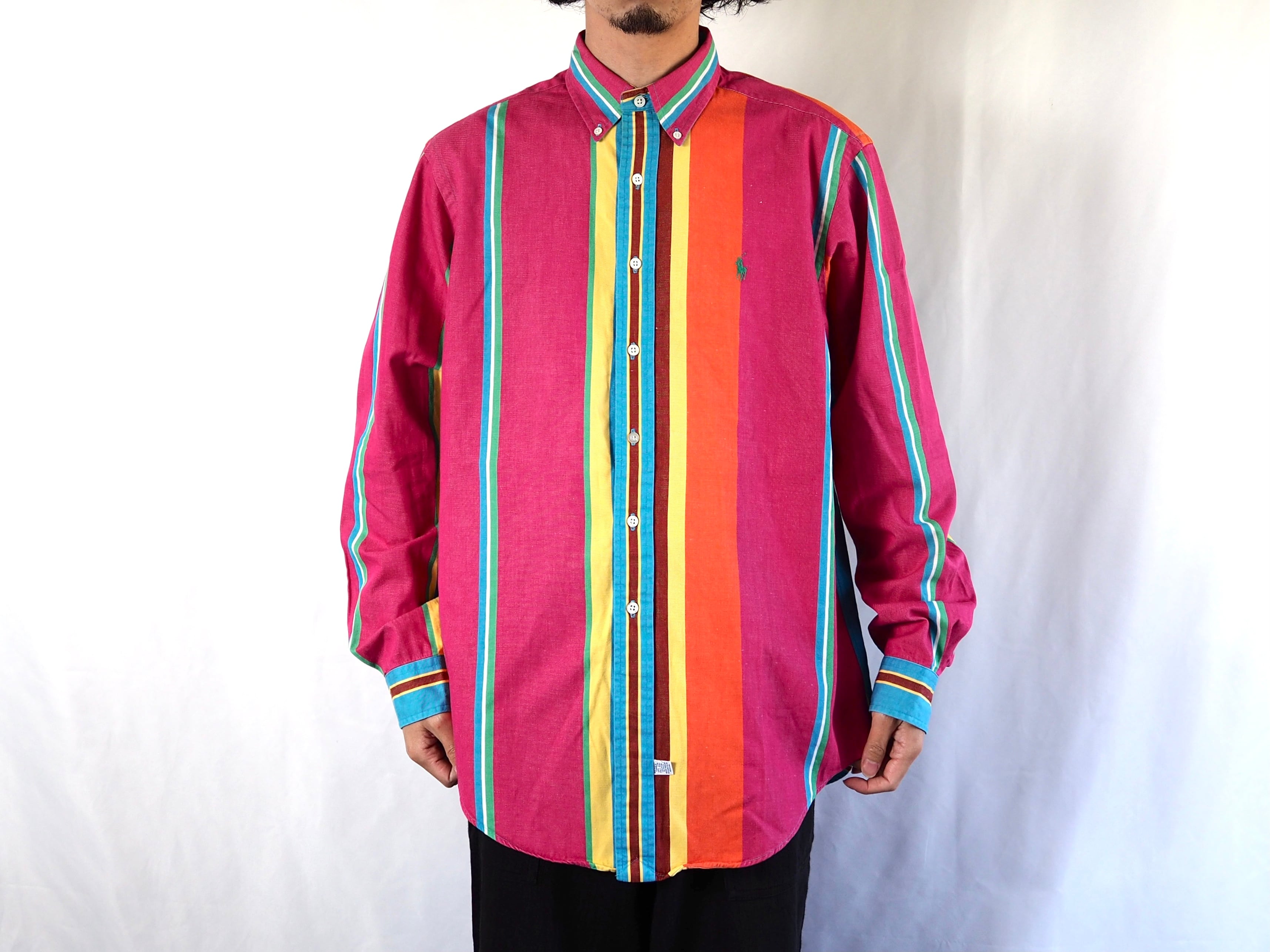 Ralph Lauren multi color stripe shirt L SINGAPORE製 90s ポロラルフ