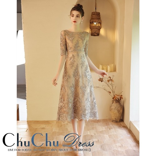 花柄刺繍ビーズ装飾 ５分袖ミディ丈パーティードレス ME033