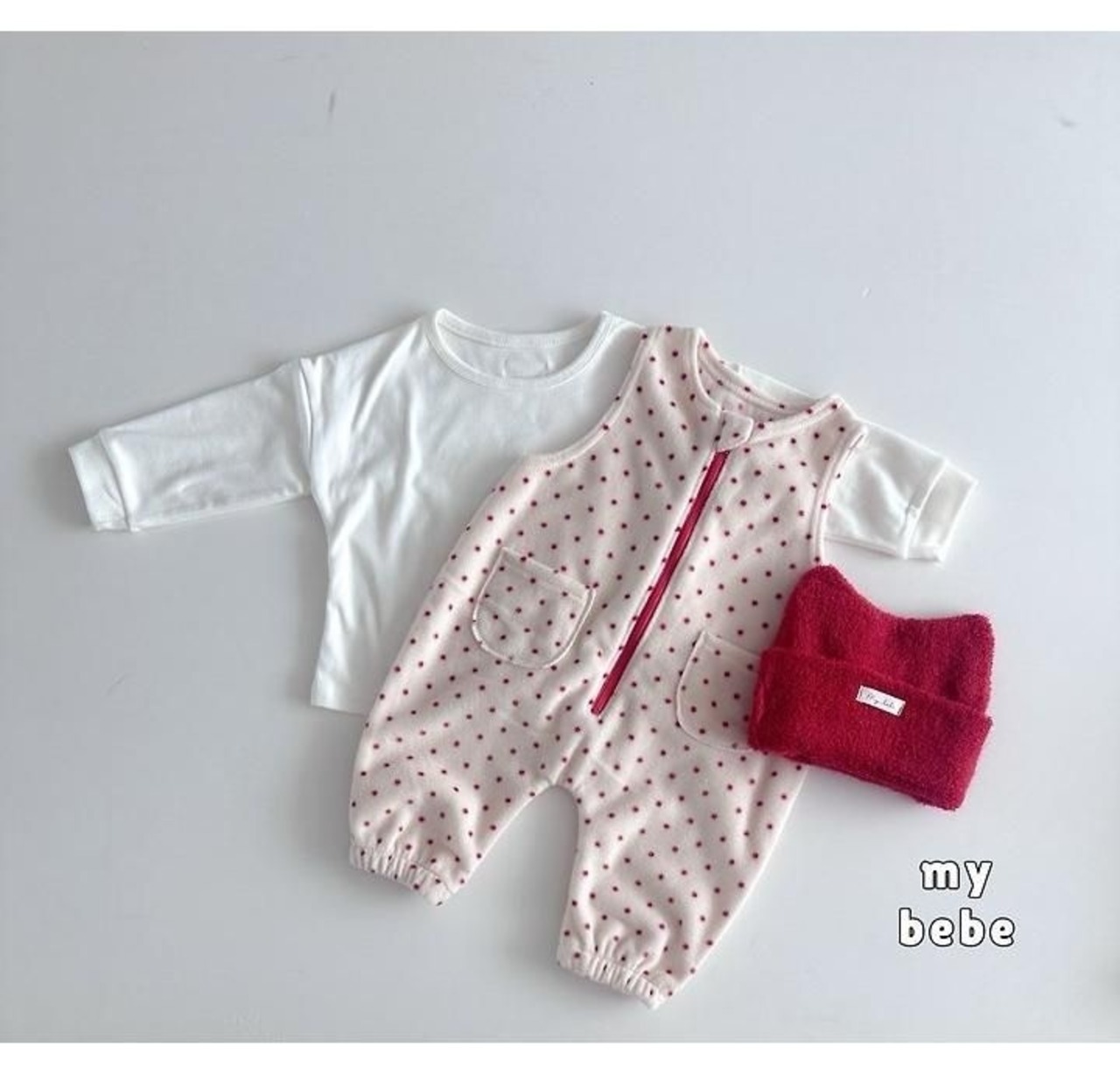 韓国子供服 / 26winter / my bebe / パウダーオーバーオール(ボンネットセット) / ベビー / 冬服 *S~M*