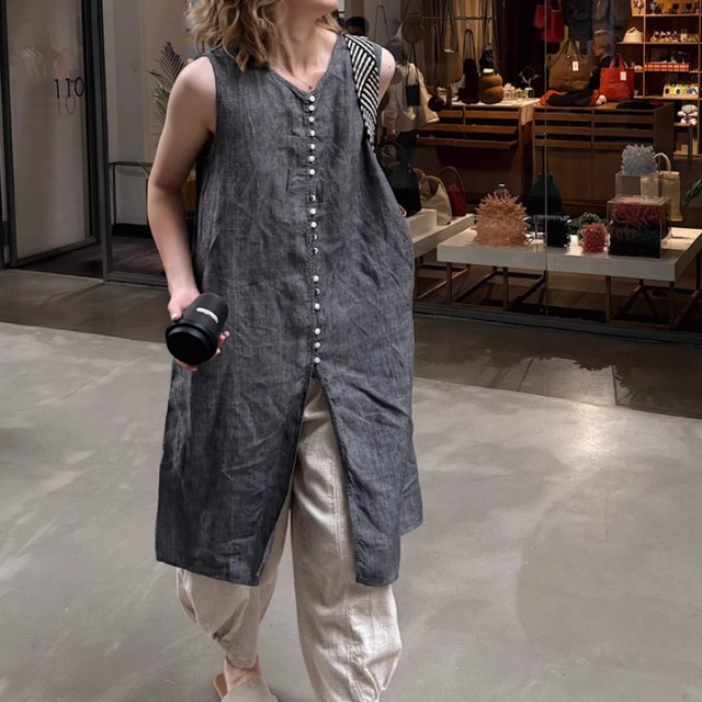 Vネック ロング シャツワンピース ノースリーブ  3color 00081