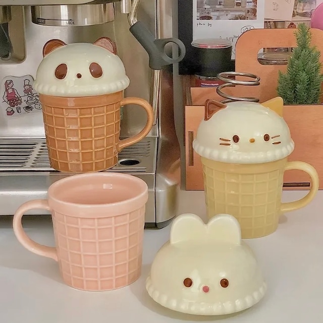 3D animal mug 3types / アニマル マグカップ ワッフル パンダ バニー キャット うさぎ ねこ 蓋付き 韓国雑貨