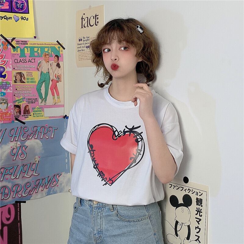 tops】Tシャツハート柄プリント韓国系ラウンドネック気分転換 | nanastyle