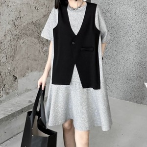 FAKE-2-PIECE DESIGN HALF SLEEVES MINI PULLOVER DRESS 3colors M-8946