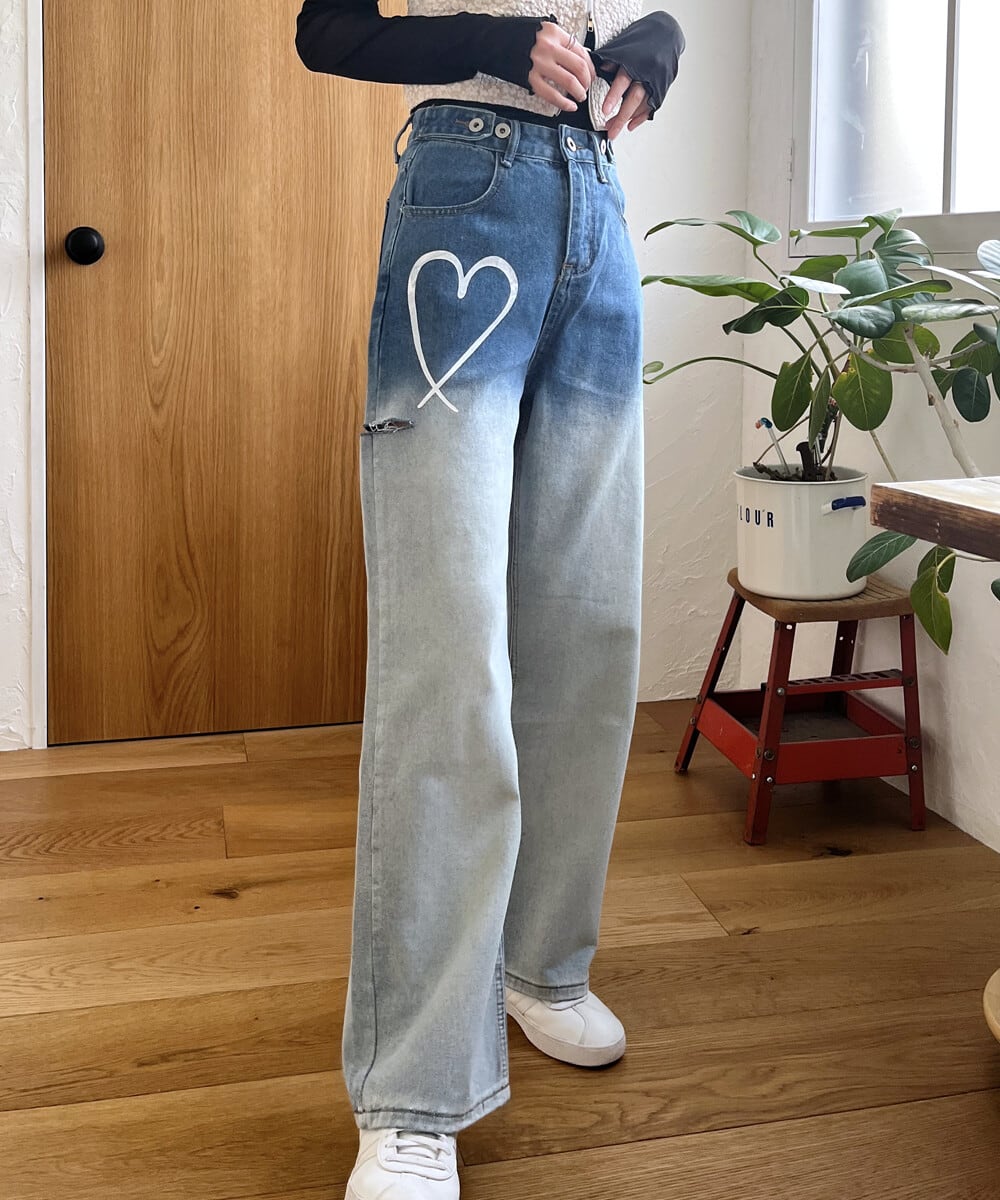 ハートプリント色抜きデニムパンツ☆サイズS☆M☆ | Charm by freely
