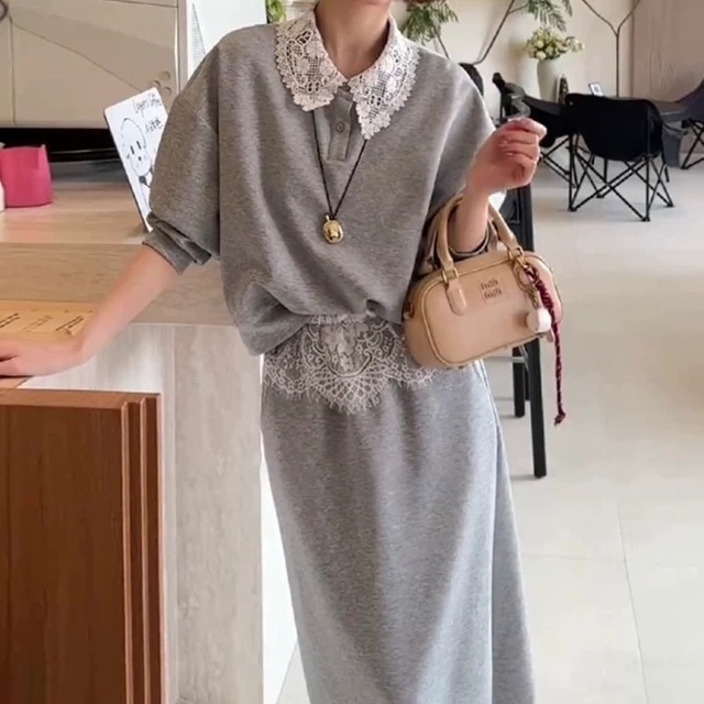 レトロガーリー♡レース襟スウェットセットアップ　F0880