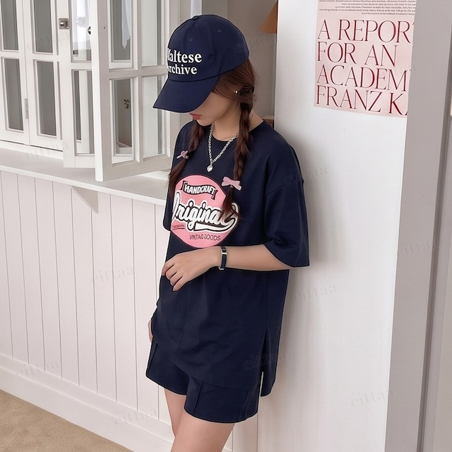 【即納】Y-5025　2026夏新作♡【上下セット】Originalプリント半袖Tシャツショートパンツセットアップ　ネイビー　0804