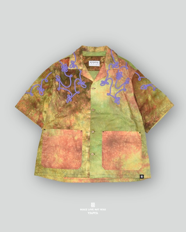 22 YELLOW TIE-DYE X PURPLE FLORAL SHORT-SLEEVED SHIRT