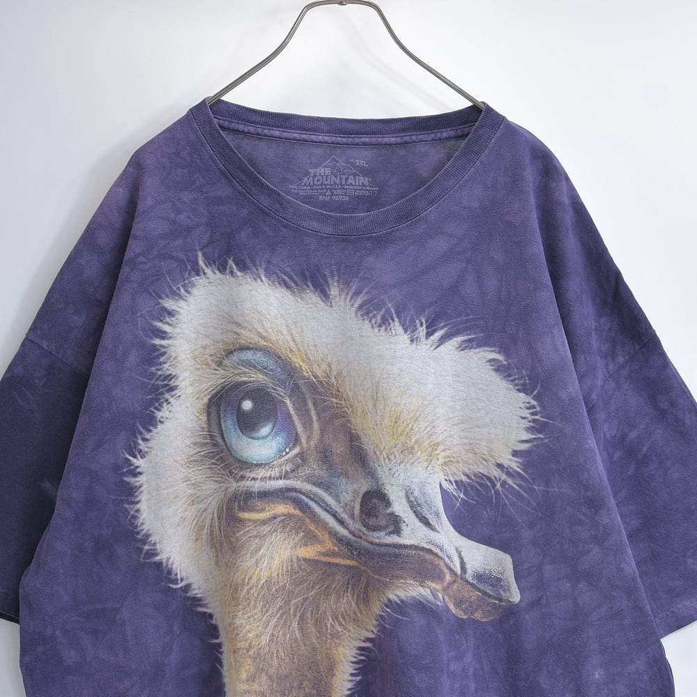 Remake THE MOUNTAIN オーストリッチプリント タイダイ染め ショート丈Tシャツ パープル USED ヴィンテージ ビンテージ 古着 メンズ 3XLサイズ