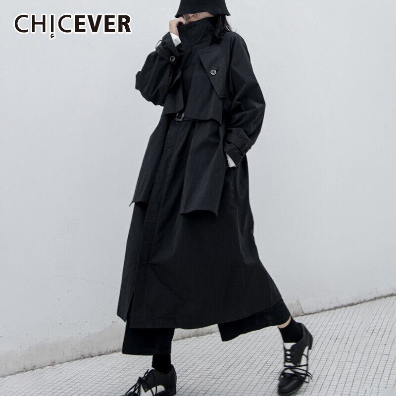 CHICEVERブラックウインドブレーカー女性タートルネック長袖パッチワークレースアップ特大ヴィンテージウインドブレーカー2020服 ロング ビンテージ 6base535232983940