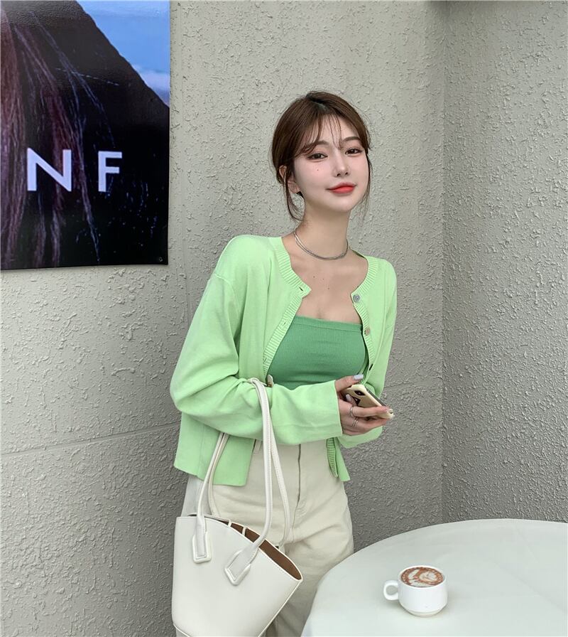 グリーンニットスモールカーディガンレディース秋ルーズ長袖セータージャケット2020新作ショートアウタージャケット ブラックストロベリース28195278117