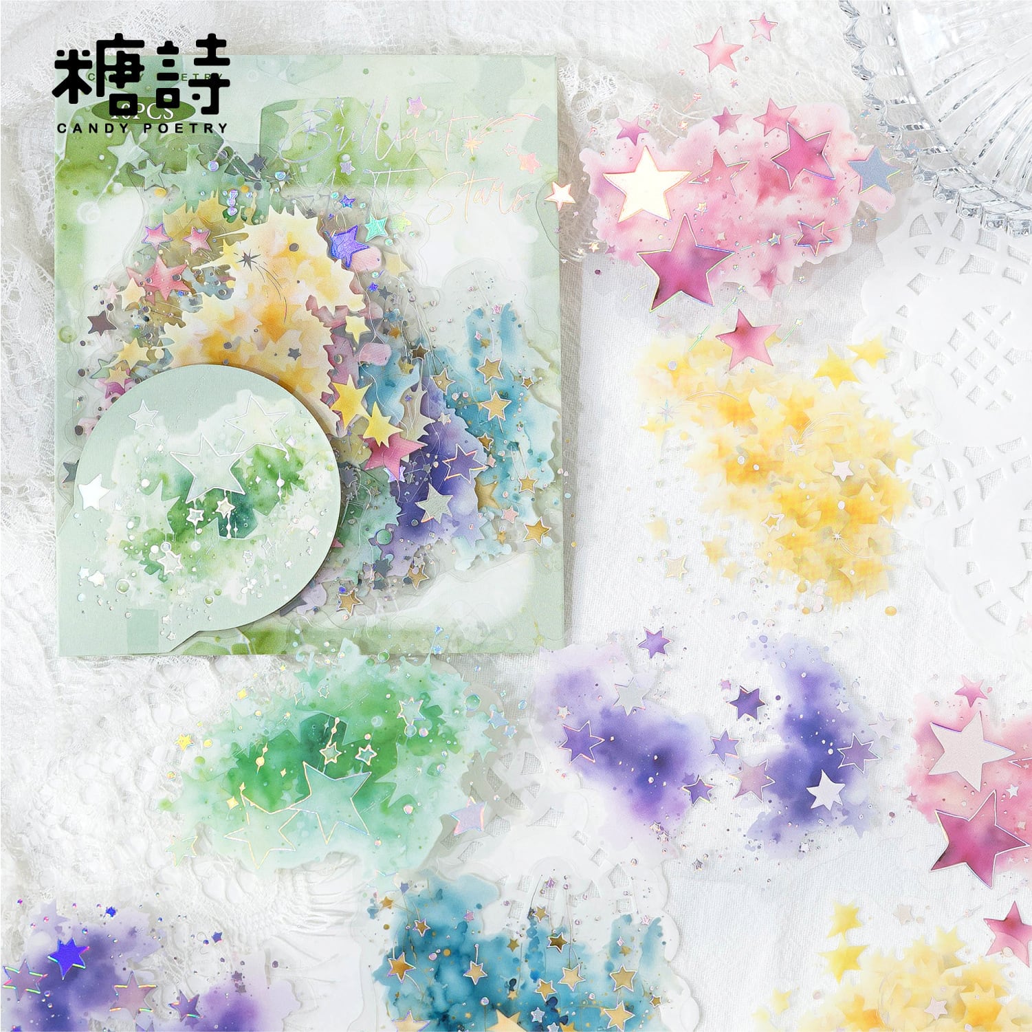 新入荷】箔押し ステッカー 10枚入り 全5種 PET素材 水彩 星 宇宙 蝶
